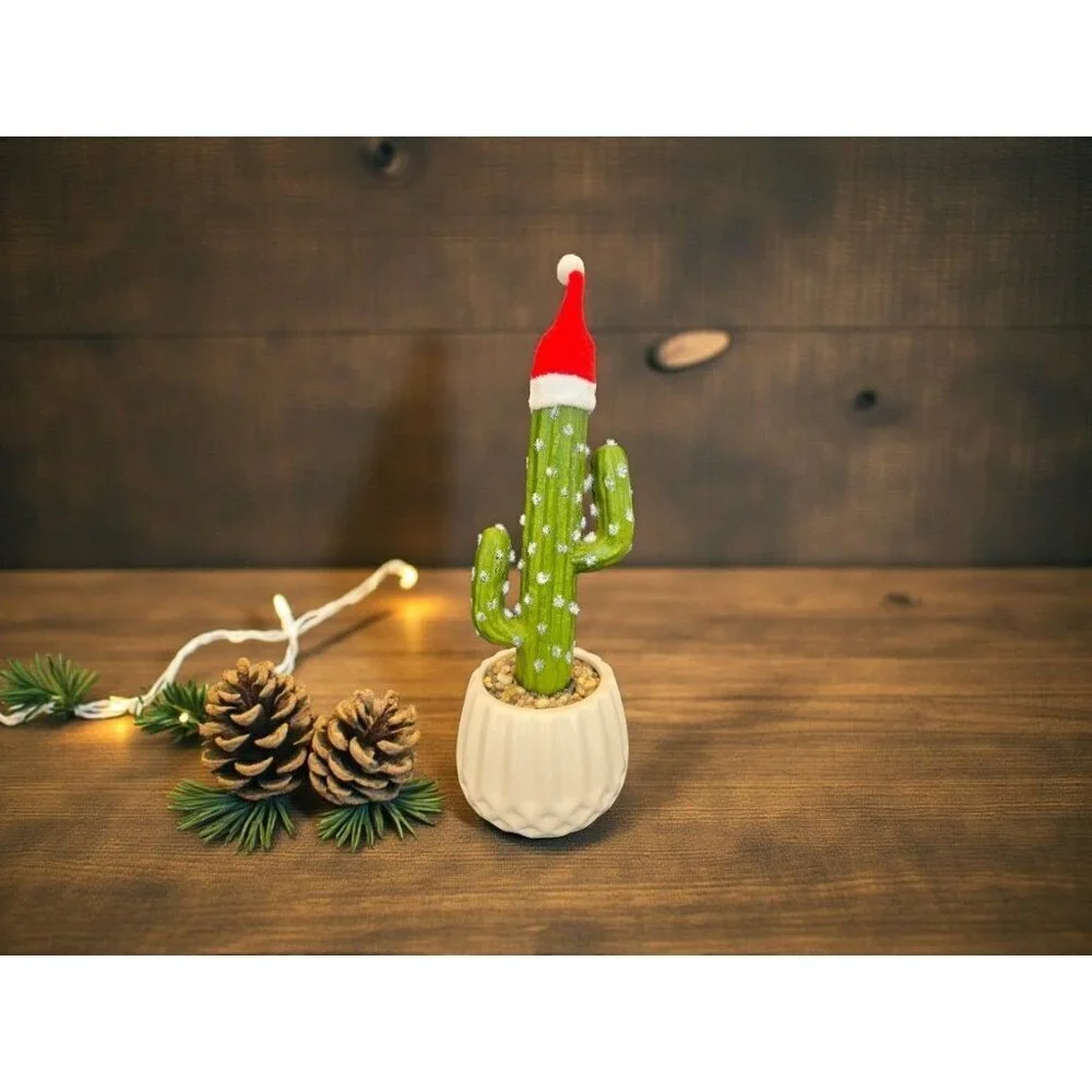 New Faux Christmas Catus W/ Santa Hat Artificial Decorative Desk Plant